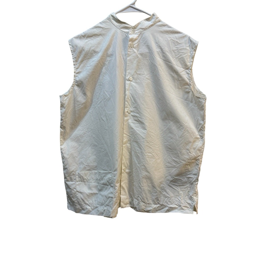 Eskander White Sleeveless Button Down Patch Pocket Cotton Lagenlook High Collar